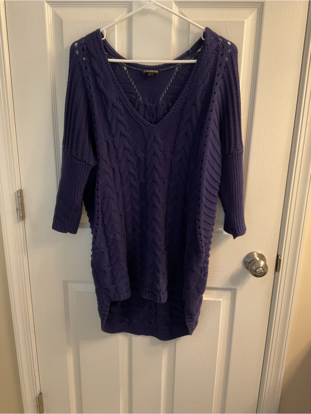 Women's Cable Knit V-Neck Sweater - Navy Blue